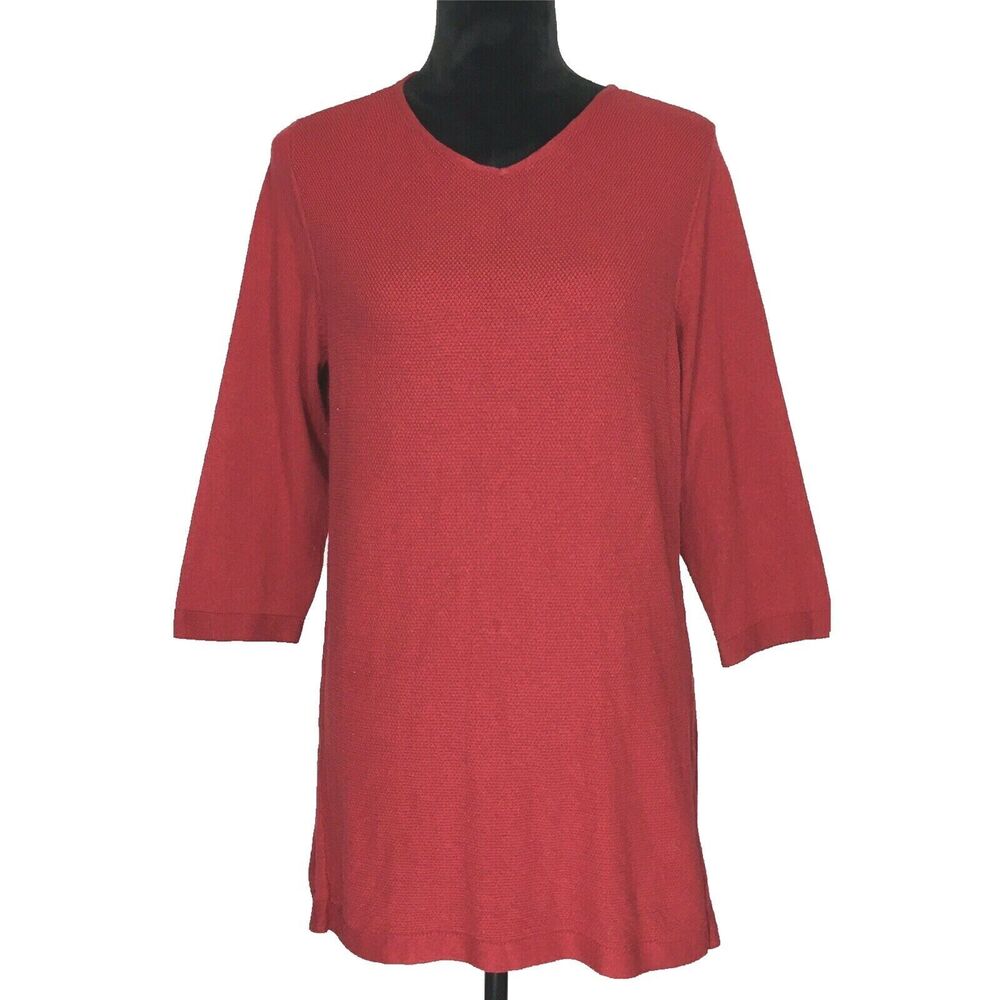 J Jill Sweater MEDIUM Dark‎ Red High Low A Line Texture Front Elbow Sl Tunic Top